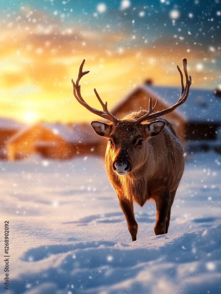 Majestic Deer in Winter Wonderland - A majestic deer stands in a snowy landscape at sunset, snowflakes falling gently. Winter beauty and wildlife Majestic Deer in Winter Wonderland - A majestic deer stands in a snowy landscape at sunset, snowflakes falling gently. Winter beauty and wildlife