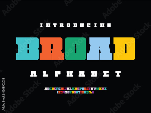 Vector of stylized modern bold alphabet design with uppercase, numbers and symbols