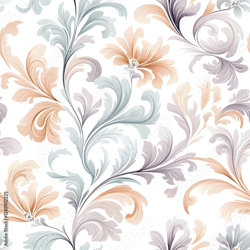 Vintage Ornate Seamless Floral Pattern with Elegant Baroque Swirls in Muted Tones for Luxurious Wallpaper and Fabric