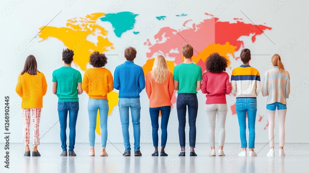Obraz premium Diverse group of people standing in front of a colorful world map in a creative space.