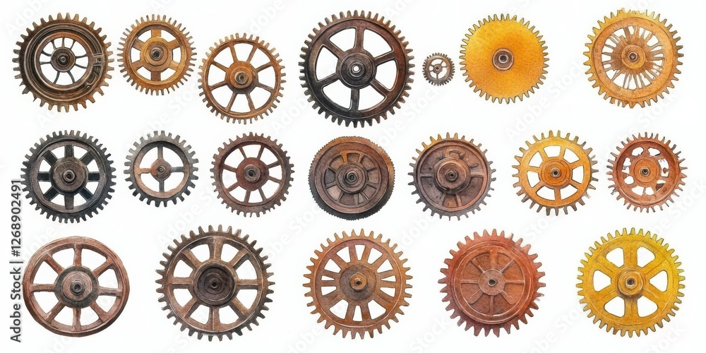 Collection of various mechanical gears in different sizes. Collection of various mechanical gears in different sizes.