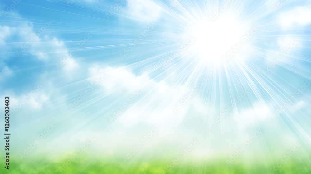 A vibrant sky with bright sunlight and fluffy clouds above grass. A vibrant sky with bright sunlight and fluffy clouds above grass.