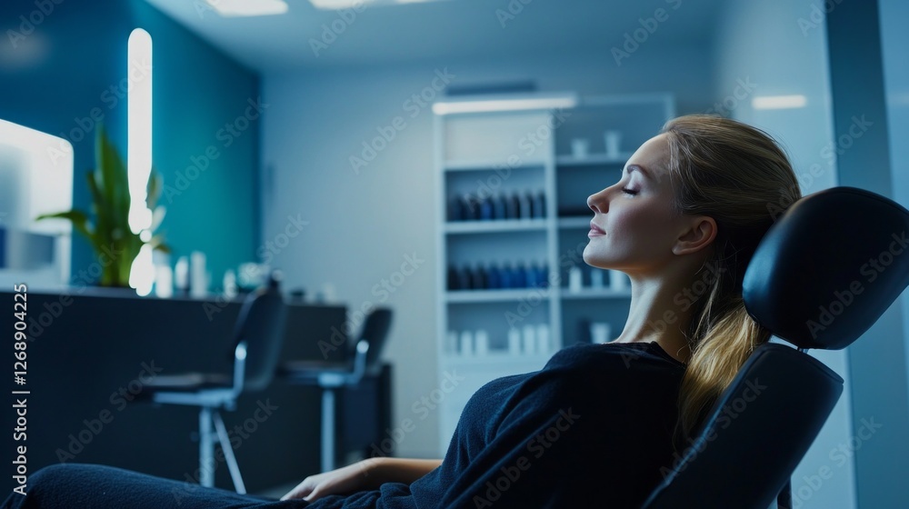 A serene woman enjoys a moment of tranquility in a stylish spa, reclining comfortably with her eyes closed, embodying pure relaxation amidst a soothing atmosphere A serene woman enjoys a moment of tranquility in a stylish spa, reclining comfortably with her eyes closed, embodying pure relaxation amidst a soothing atmosphere
