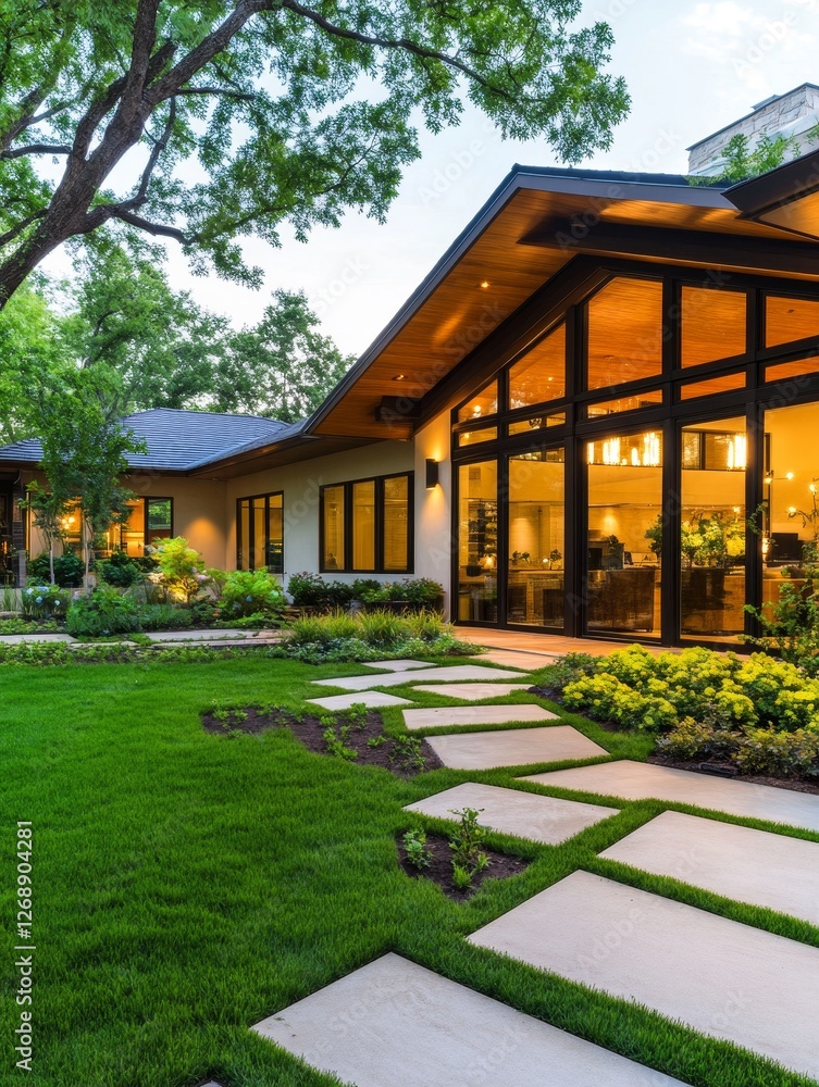 Obraz premium Modern Luxury Home Exterior Design - Elegant home showcasing modern architecture, landscaped gardens, stone pathway, and expansive windows. Symbolising luxury, serenity, modern design, outdoor living