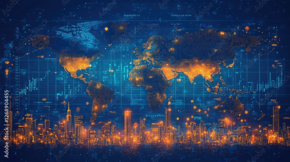 Fototapeta premium Futuristic Global Network: Digital World Map with Data and Technology Integration
