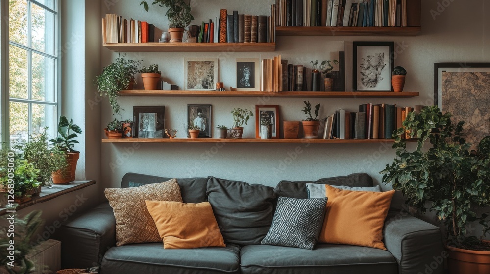 Cozy living room with floating shelves adorned with plants and books, creating an inviting atmosphere in a peaceful space Cozy living room with floating shelves adorned with plants and books, creating an inviting atmosphere in a peaceful space