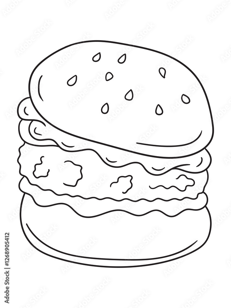Delicious burger coloring page with a simple outline design. Great for food lovers, kids, and adults. Ideal for printable coloring books and digital artwork Delicious burger coloring page with a simple outline design. Great for food lovers, kids, and adults. Ideal for printable coloring books and digital artwork