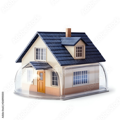 house with shield and plants on white background.