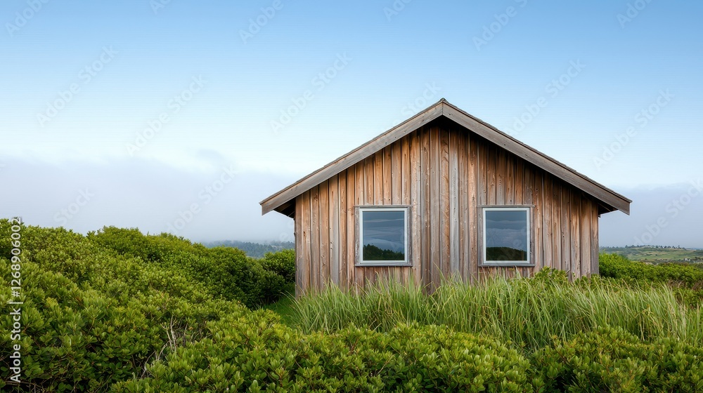 Abandoned House in Countryside Concept, Weathered Wooden Cabin with Sagging Beams Nestled in Lush Greenery Under a Clear Blue Sky