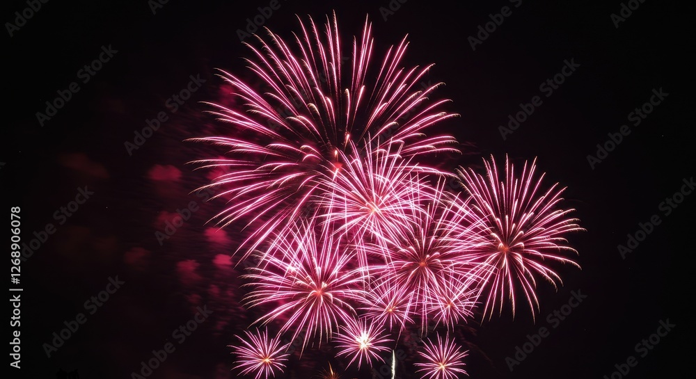 A vivid display of fireworks in the night sky featuring vibrant pink, red and white explosions A vivid display of fireworks in the night sky featuring vibrant pink, red and white explosions