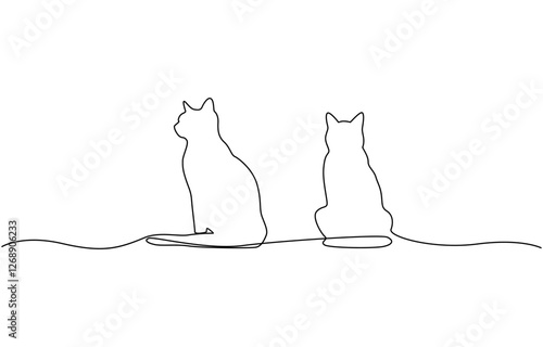 Continuous one line drawing of two happy cats silhouettes, Hand-drawn line art in trendy minimalist design. Vector illustration.
