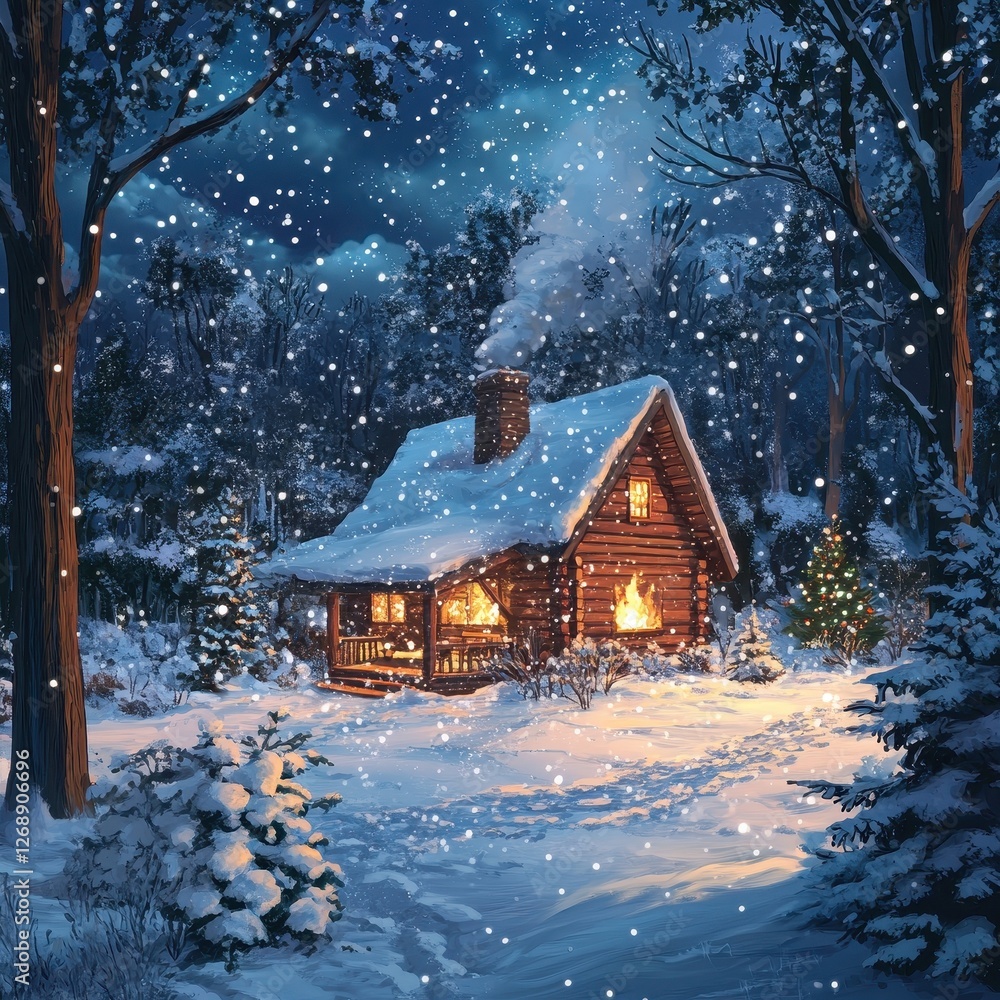 Cozy log cabin glows amid a snowy winter forest Cozy log cabin glows amid a snowy winter forest