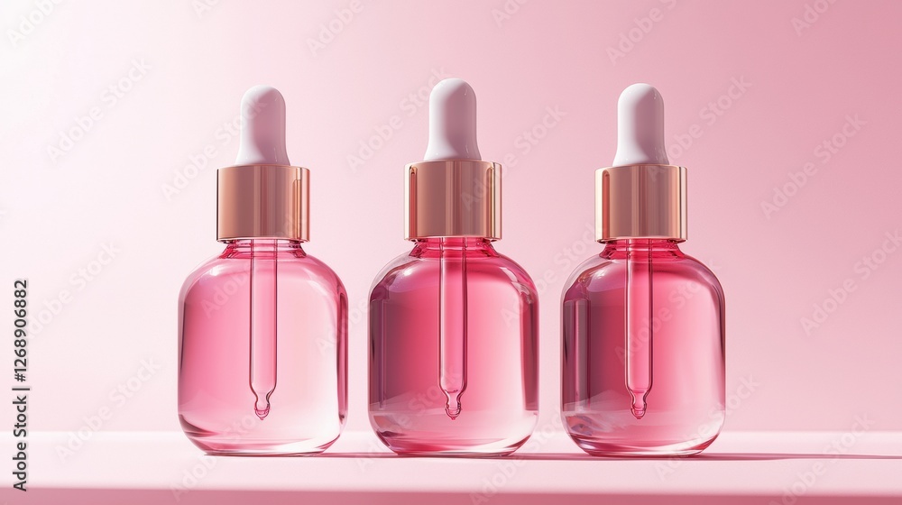 An ultra-realistic digital photography of set of 3 dropper bottles mockup with soft shadows, the Dropper Bottles have same size and same color with luxury theme, clear pink background An ultra-realistic digital photography of set of 3 dropper bottles mockup with soft shadows, the Dropper Bottles have same size and same color with luxury theme, clear pink background