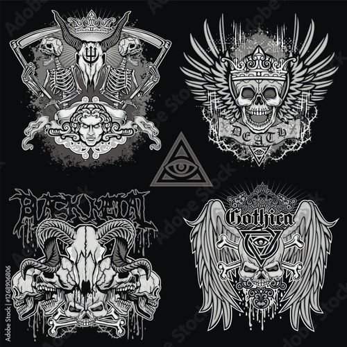 set, gothic sign with skull, grunge vintage design t shirts