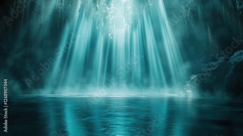 Cinematic atmosphere featuring dark teal water illuminated by ethereal light beams in a serene environment