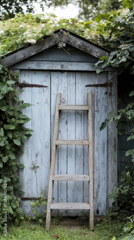 Overgrown Shed With Weathered Wooden Door And Ladder Overgrown Shed With Weathered Wooden Door And Ladder