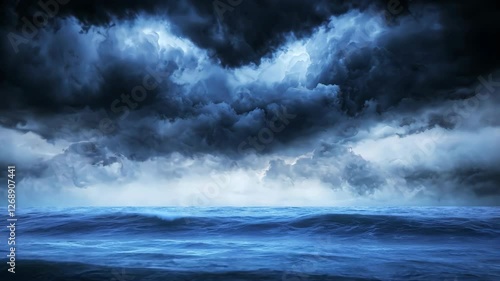 Dramatic Stormy Sky Looms Over Turbulent Ocean Dark Clouds, Choppy Waves, and Lightning Create Powerful and Intense Seascape, Capturing Raw Energy and Beauty of Natures Fury and Weather Forces Sea