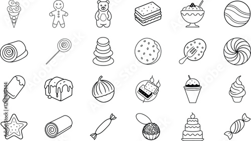 Sweet Treats Line Art Icons of Cakes, Cookies, and Candies