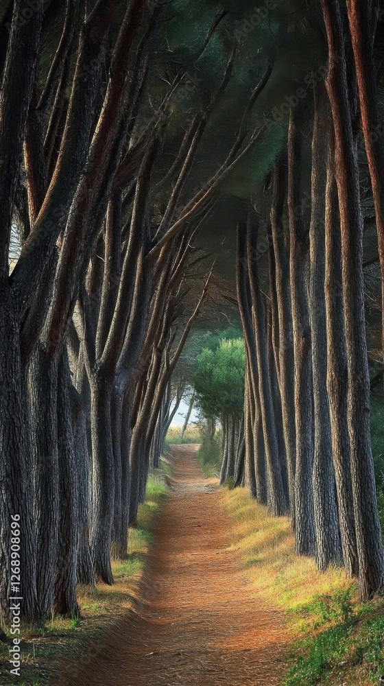 Fototapeta premium Serene Pathway Through Tall Majestic Trees