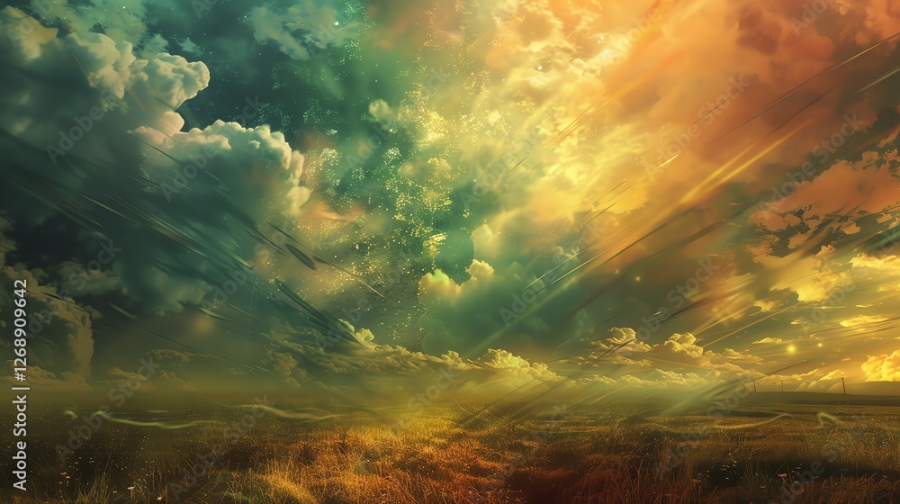 The image is a beautiful landscape with a stormy sky. The foreground is a field of wheat, with the clouds in the background. The image is a beautiful landscape with a stormy sky. The foreground is a field of wheat, with the clouds in the background.