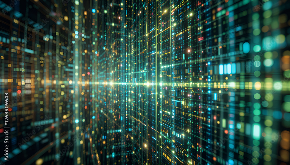 The background is a server wall with a flashing code that displays information about the server operation. The digital matrix The background is a server wall with a flashing code that displays information about the server operation. The digital matrix