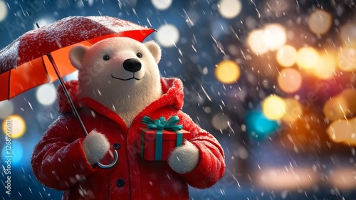 Wallpaper Mural Polar Bear in Red Coat with Gift and Umbrella - A heartwarming of a polar bear, wearing a red coat, holding a gift and an umbrella, strolling through a snowy, festive night. Symbolizing warmth Torontodigital.ca