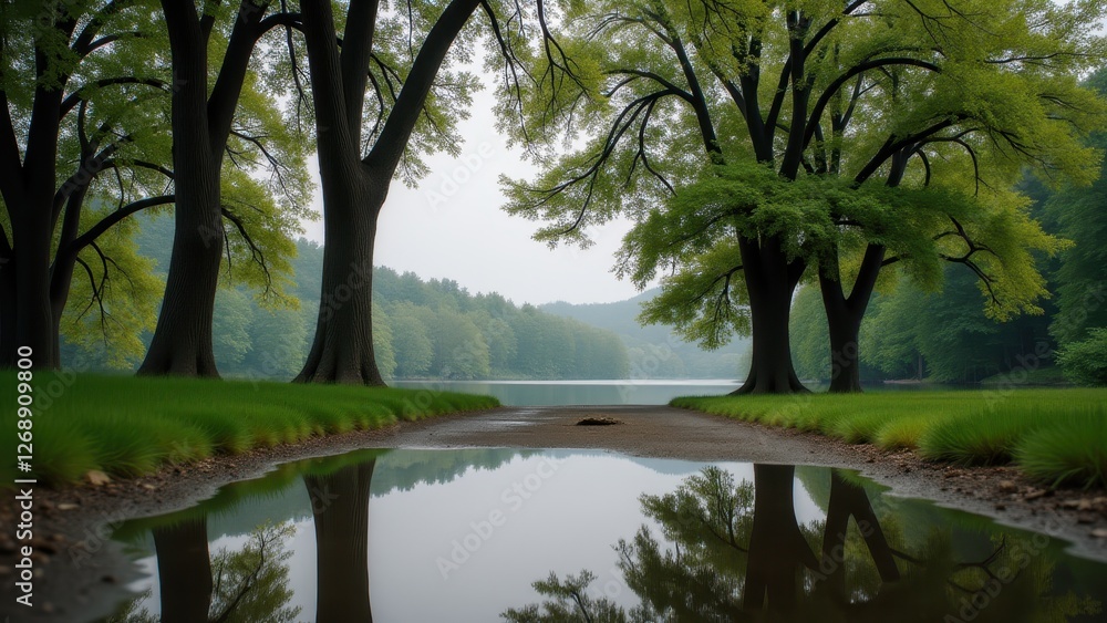 Kids jumping in puddles, Lakeside park with trees overcast sky reflected in large puddle photorealistic. Kids jumping in puddles, Lakeside park with trees overcast sky reflected in large puddle photorealistic.