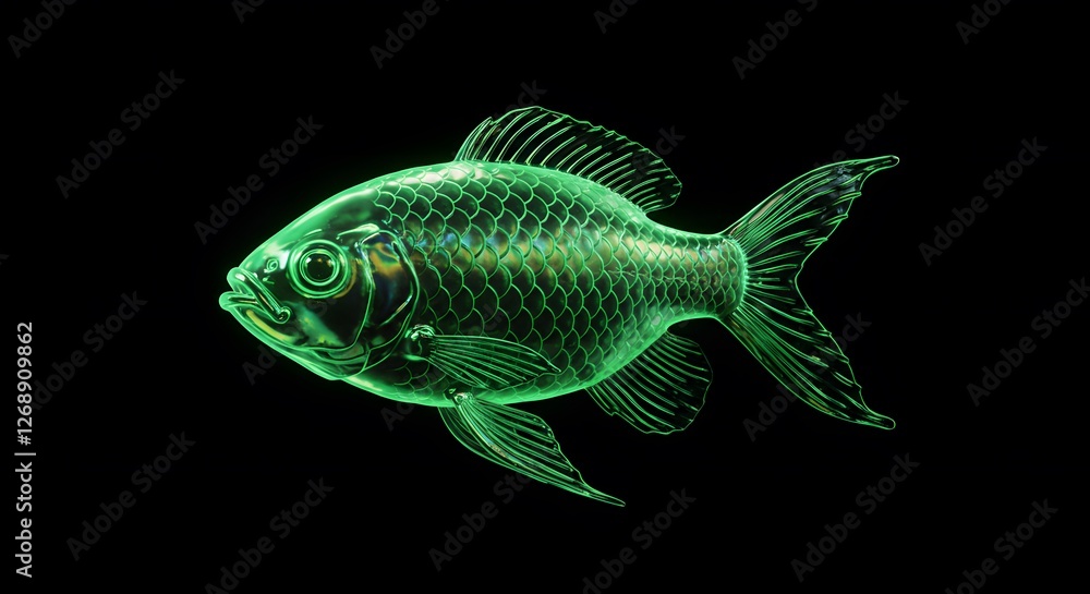 Glowing Green Fish Illustration on Black Background for Artistic Projects