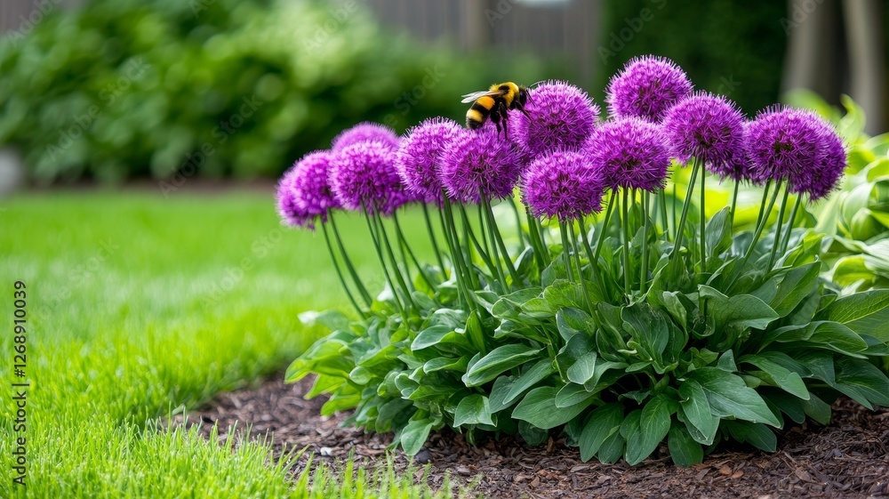 Obraz premium Purple Allium Blooms and Busy Bee - Vibrant purple allium flowers attract a busy bee, symbolizing nature's beauty, pollination, growth, springtime, and life