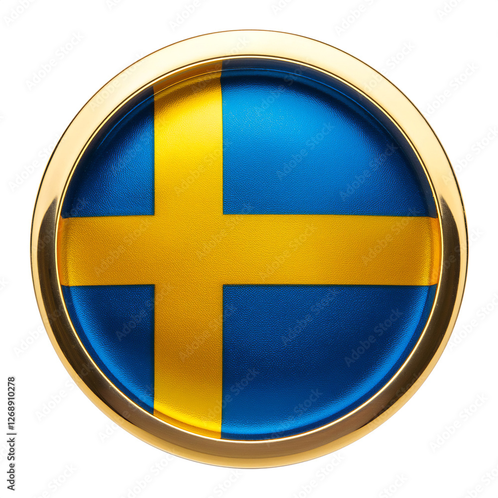 Fototapeta premium スウェーデンの国旗のブローチ。白背景。(Sweden flag brooch on white background.) 