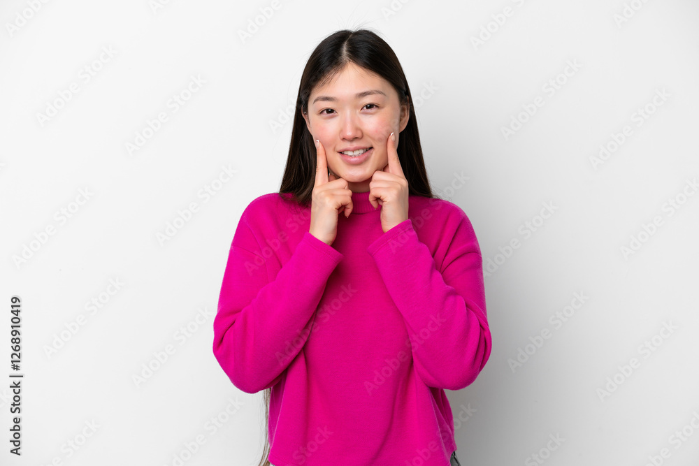 Young Chinese woman isolated on white background smiling with a happy and pleasant expression Young Chinese woman isolated on white background smiling with a happy and pleasant expression
