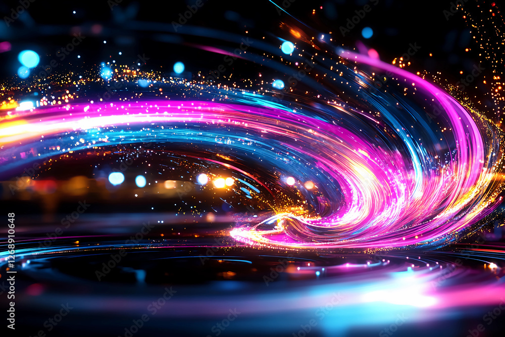 Obraz premium Holographic Flux Vortex - A mesmerizing swirling vortex of holographic energy, with ethereal beams of light and vibrant flashes of pink, turquoise, and yellow, creating a high-tech digital formation