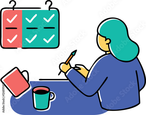 Woman planning schedule with checklist and coffee in colorful doodle style.