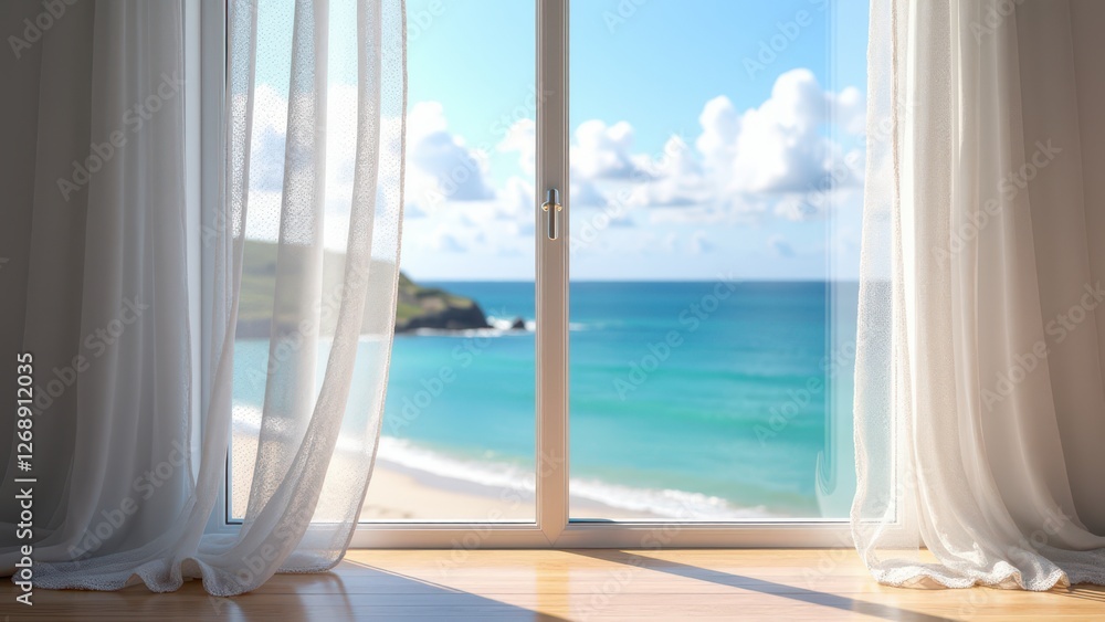 Fototapeta premium Lacy curtains, Coastal view clear sea dancing lacy curtains sea breeze photorealistic.