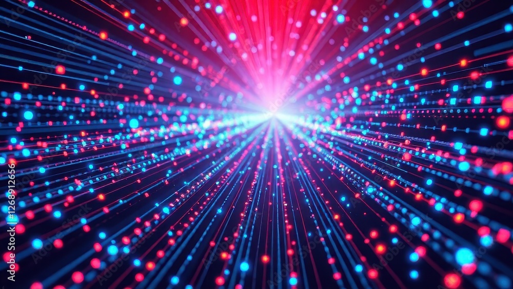 Obraz premium an abstract visualization of data streams in a digital space, with glowing blue and red dots and lines converging towards a vanishing point