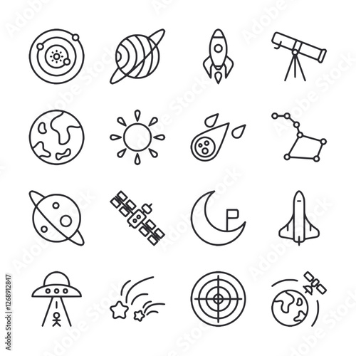 A set of space related icons including a planet, a moon, a rocket, a telescope
