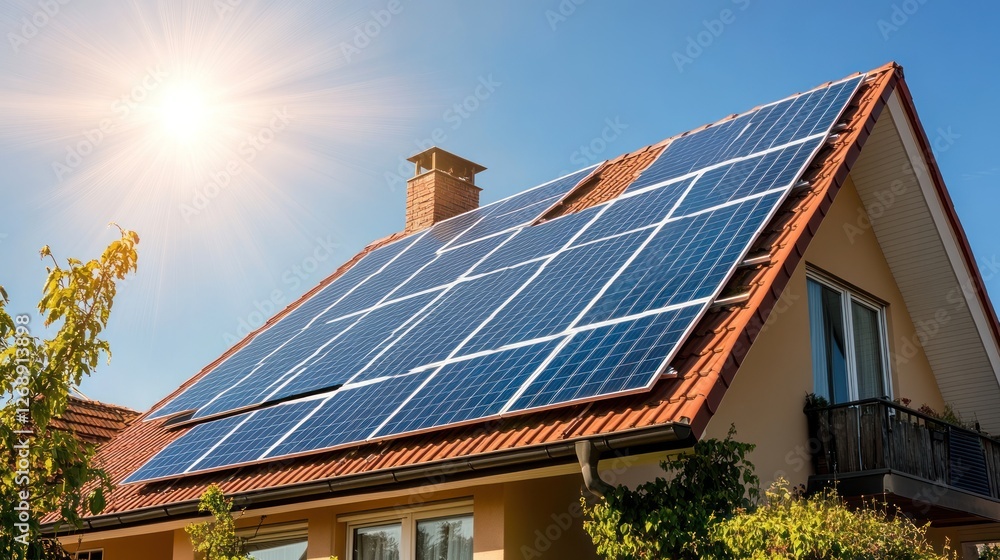 Fototapeta premium Residential house outfitted with solar panels gleaming under sunshine