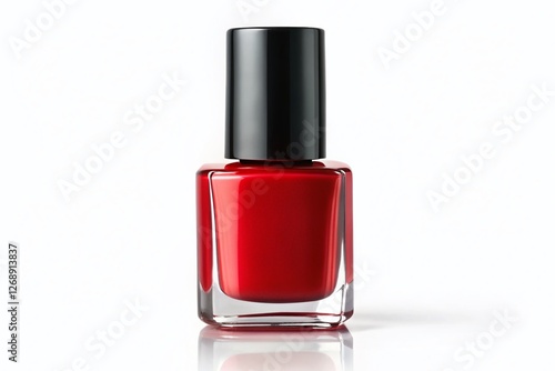 Elegant Red Nail Polish Bottle with Black Cap on White Background - Beauty Product Stock Photo