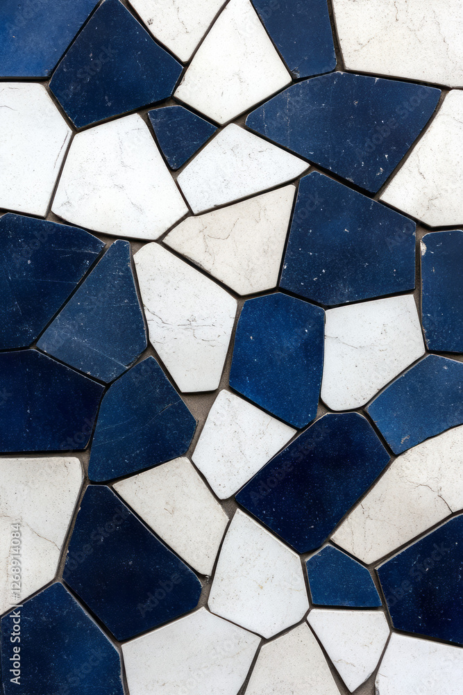 A layered, puzzle-like arrangement of soft-edged polygons in contrasting whites, grays, and rich A layered, puzzle-like arrangement of soft-edged polygons in contrasting whites, grays, and rich