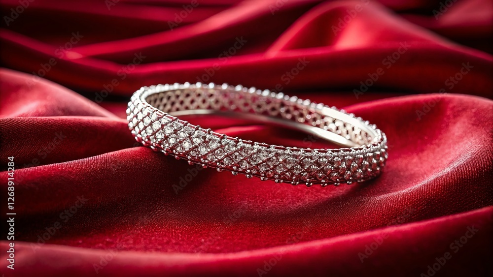 Fototapeta premium Elegant Silver Bracelet on Red Velvet: Luxury Jewelry Silhouette Photography