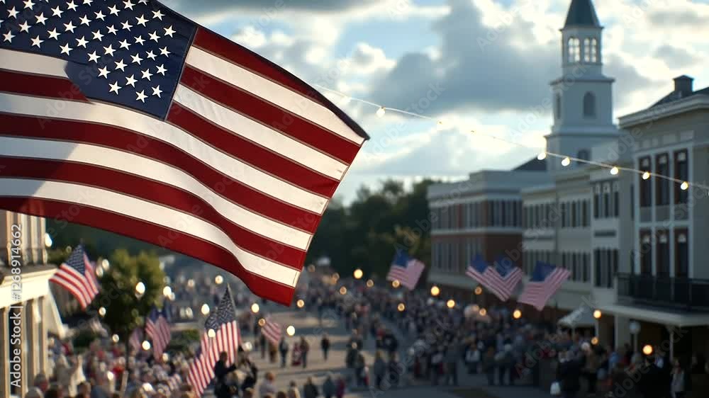 Fourth of July parade with USA flag waving in the background