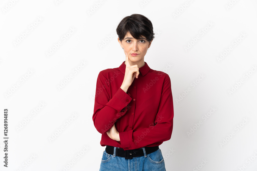 Woman with short hair isolated on white background and thinking Woman with short hair isolated on white background and thinking