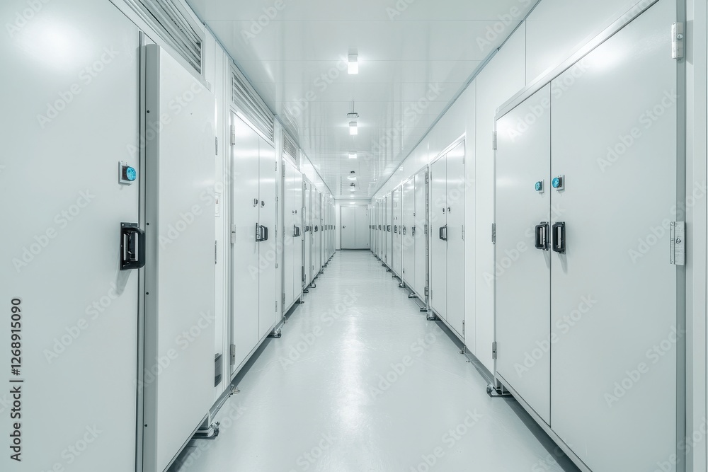 A modern storage facility hallway lined with white storage units, featuring metal doors and bright overhead lighting. A modern storage facility hallway lined with white storage units, featuring metal doors and bright overhead lighting.