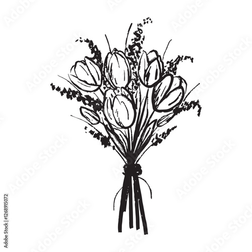Hand made bouquet with tulips, delphinium and branch with leaves in brush stroke texture. Hand drawn vector sketch illustration in vintage charcoal ink style. Floral shop logo design, greeting card