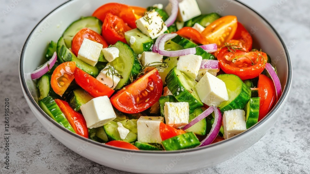 A colorful salad featuring fresh cucumbers, tomatoes, red onions, and feta cheese in a bowl, perfect for a healthy meal. A colorful salad featuring fresh cucumbers, tomatoes, red onions, and feta cheese in a bowl, perfect for a healthy meal.