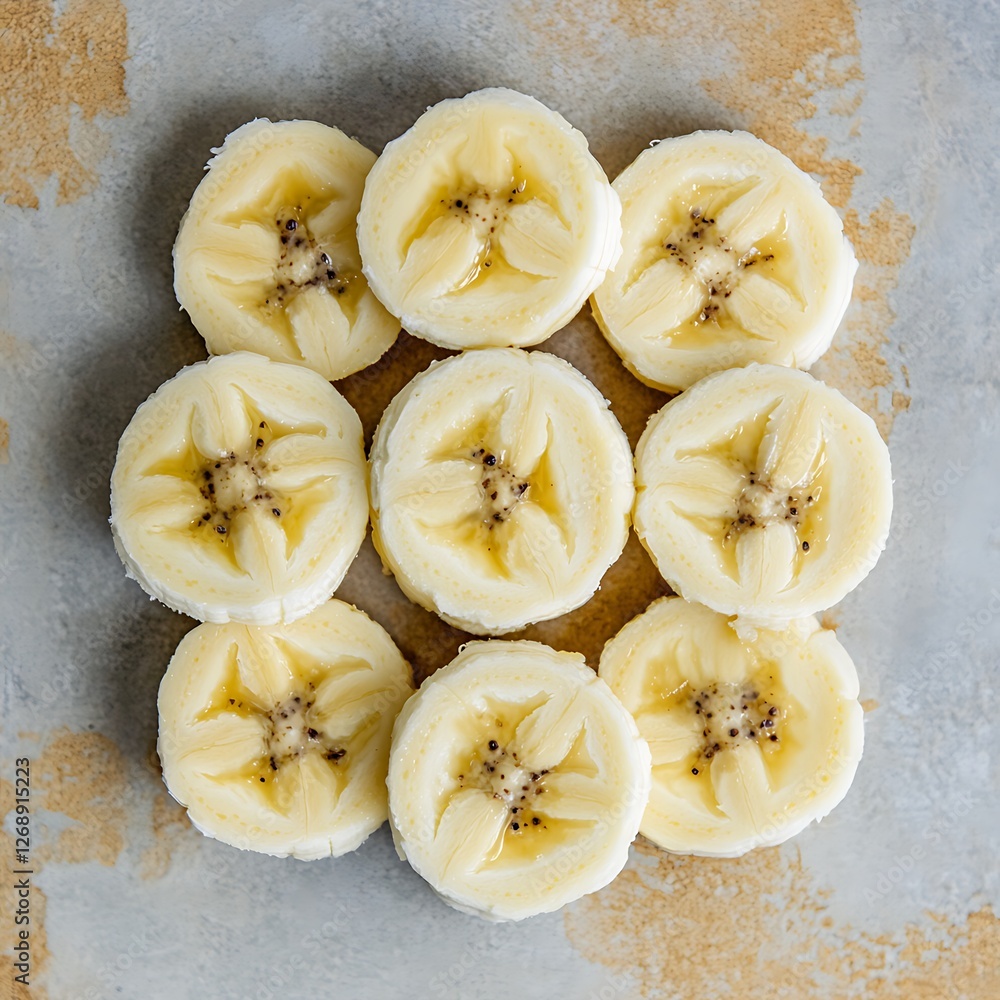 Sliced bananas arranged in a circular pattern on a textured surface, showcasing their creamy texture Sliced bananas arranged in a circular pattern on a textured surface, showcasing their creamy texture