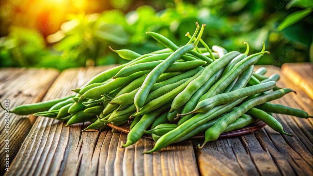 Fresh Green Beans Harvest on Wooden Table with Natural Background Fresh Green Beans Harvest on Wooden Table with Natural Background