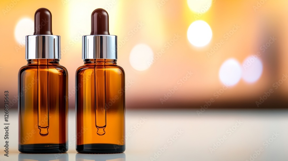 amber glass dropper bottle on a reflective surface with a blurred warm background amber glass dropper bottle on a reflective surface with a blurred warm background