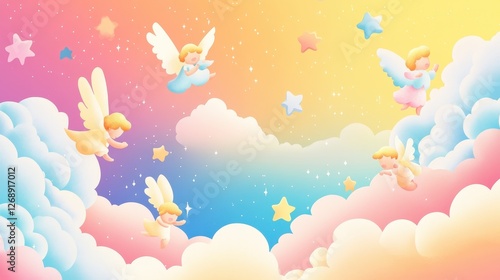 Cute cartoon angels fly among pastel clouds and stars