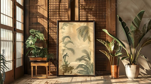 A rectangular frame with nature-inspired art in a room with wooden decor and plants. HD 8K mockup wallpaper Photographic Image